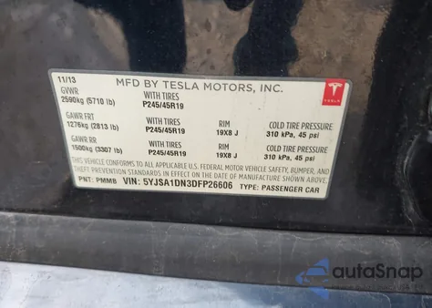 2013 Tesla Model S z USA, uszkodzony, nr VIN 5YJSA1DN3DFP26606